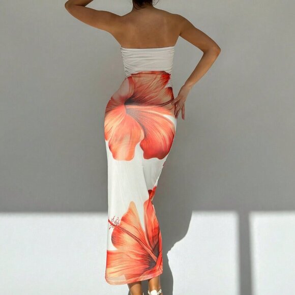 Multicolor Sexy Women's Romantic Date Strapless Printed Bodycon Dress - Picture 2 of 5